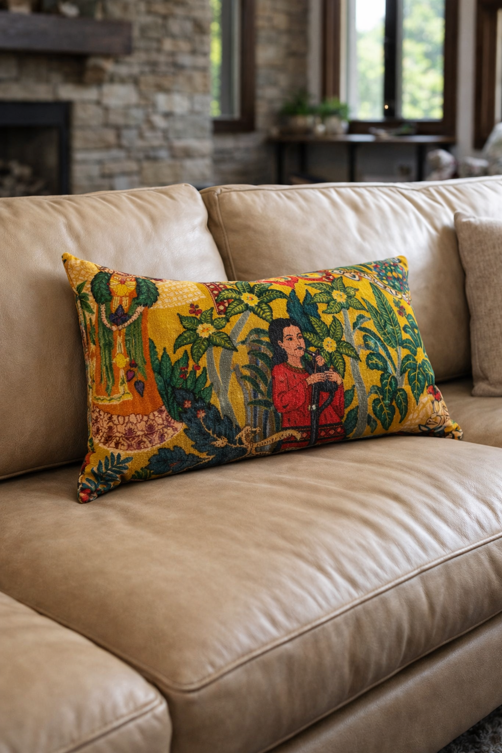 Decorative pillow with colorful design on a beige sofa in a living room setting.