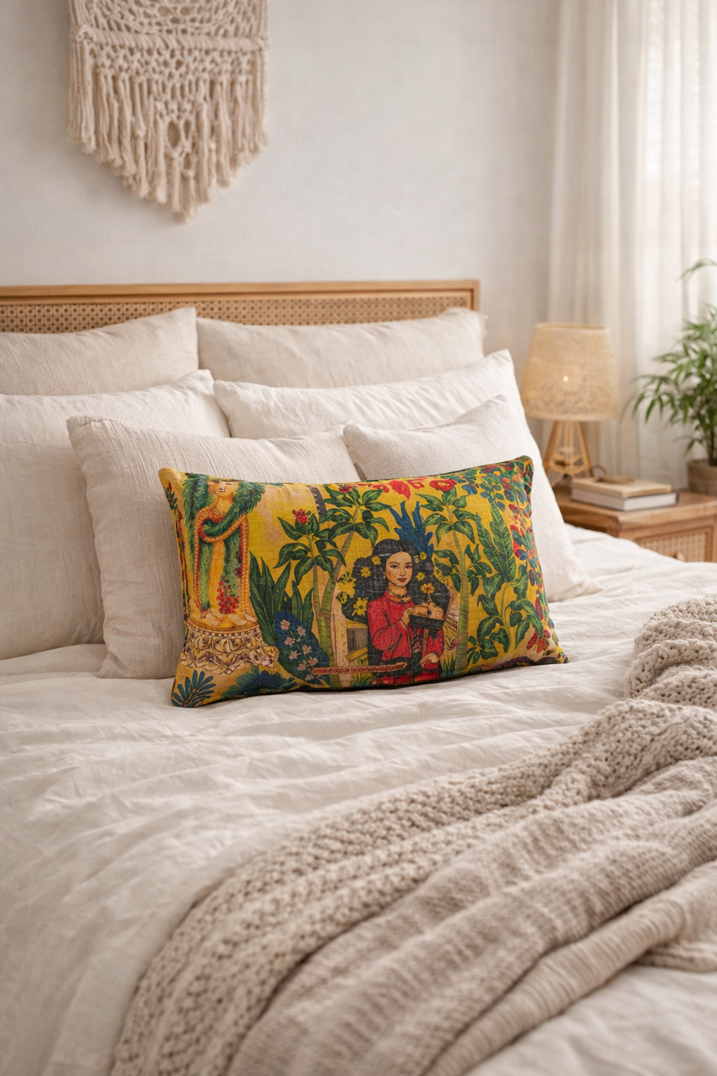 Decorative pillow with a colorful design on a bed in a bedroom setting.