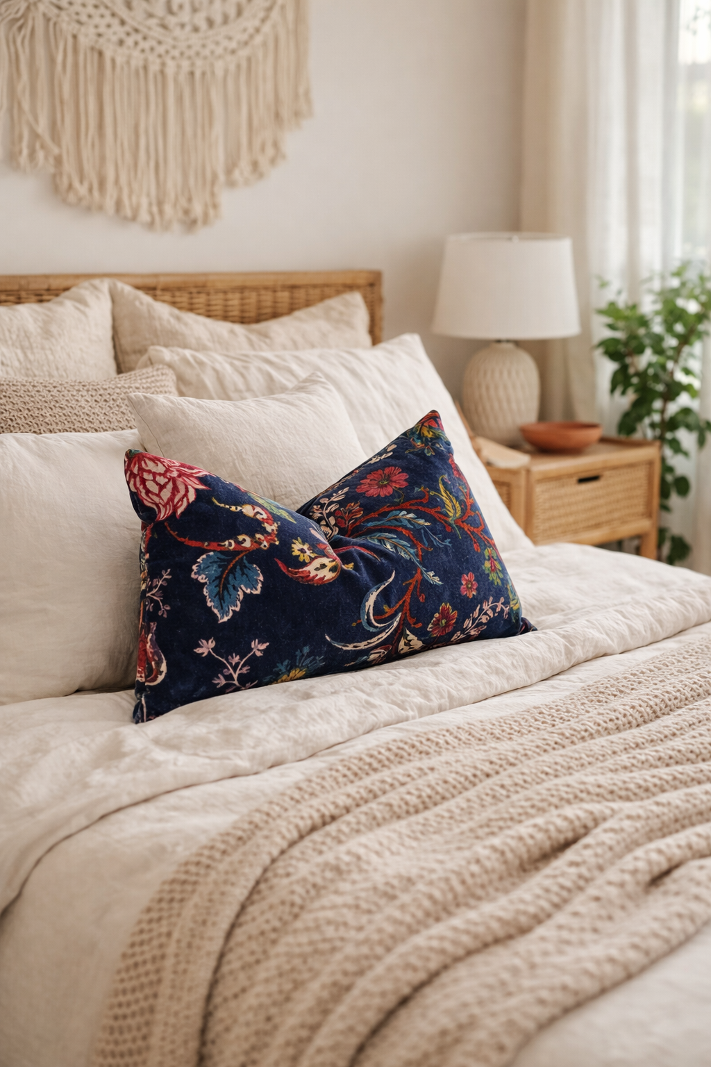 Navy floral velvet lumbar cushion cover layered with neutral cushions in sunlit living room