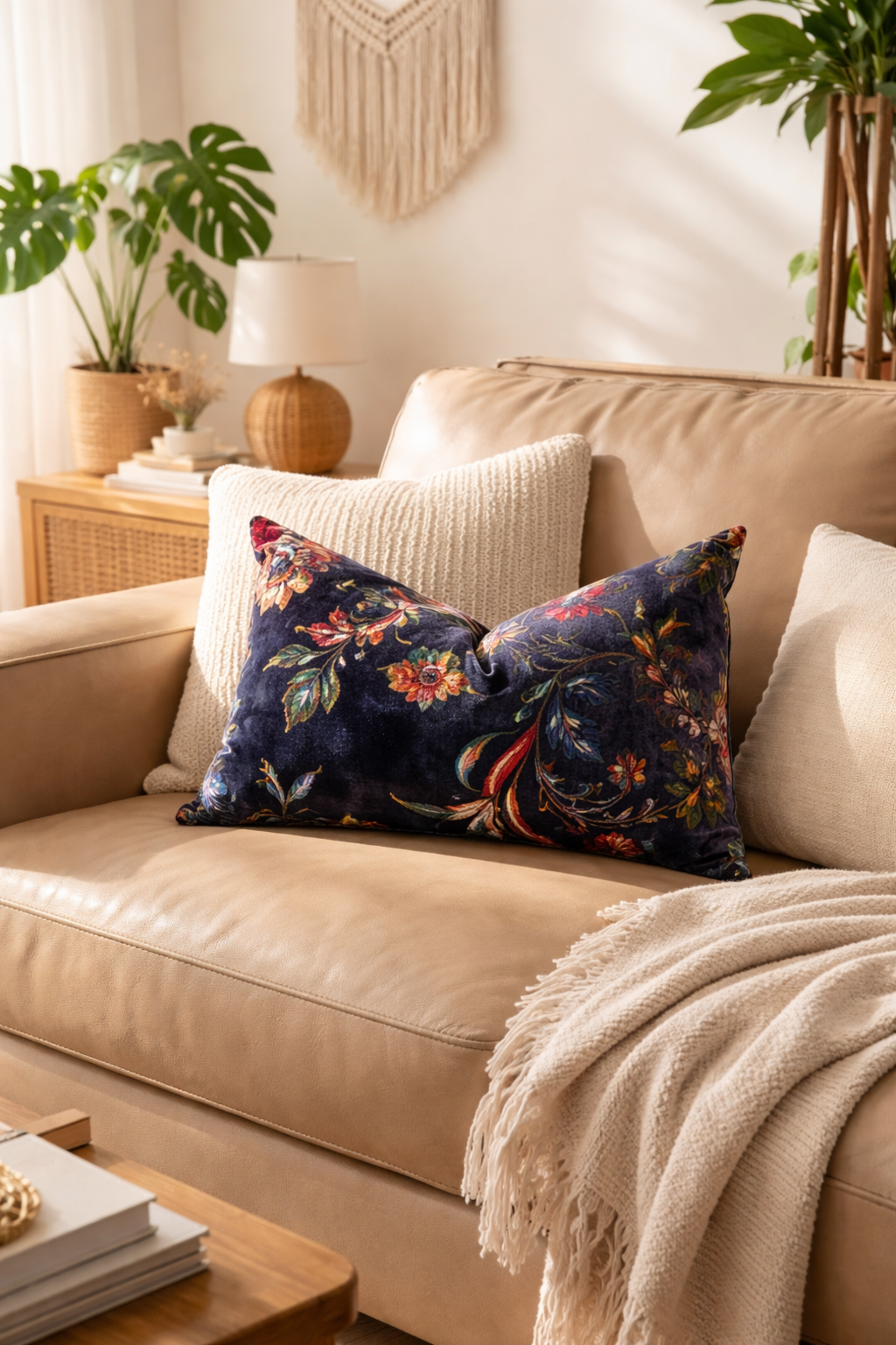 Navy botanical velvet lumbar cushion cover on leather sofa in rustic living room