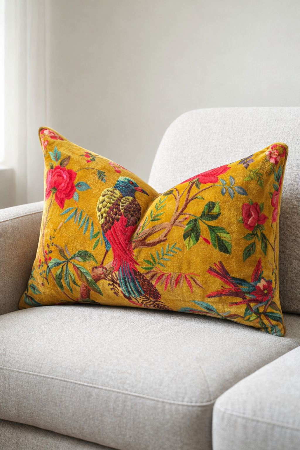 Mustard velvet lumbar cushion cover with colourful bird and floral botanical print