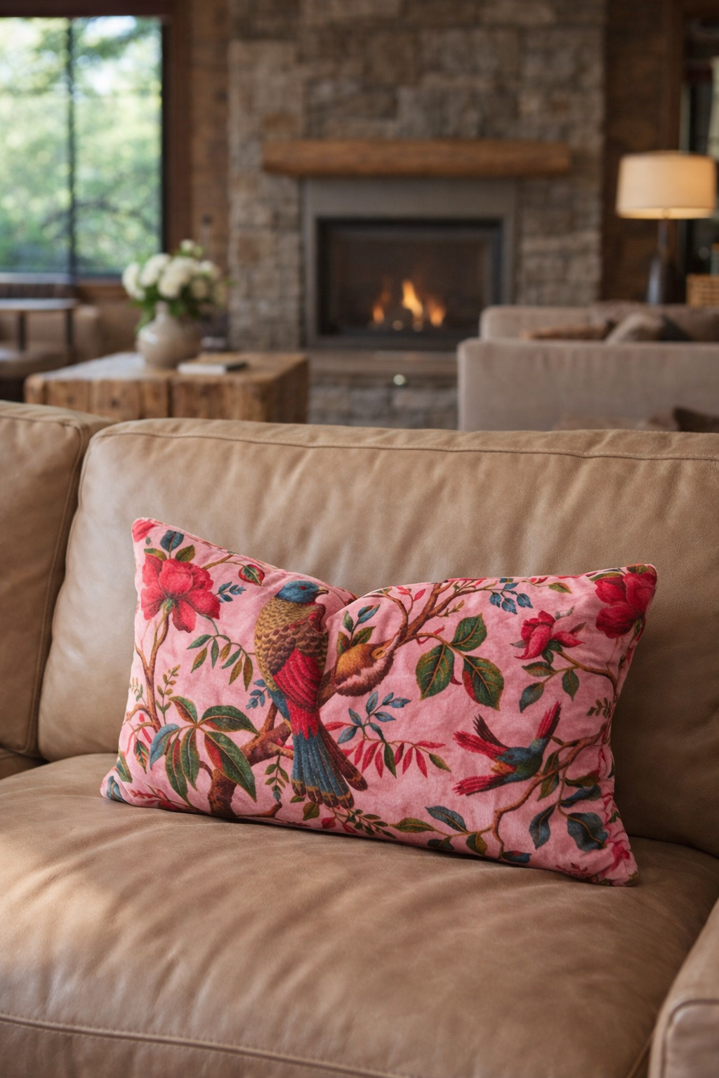 Pink bird and floral velvet lumbar cushion cover styled on neutral bed in boho bedroom