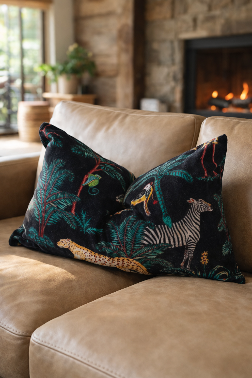 Pair of black velvet jungle lumbar cushions showing zebra leopard and tropical palm print in rustic living room