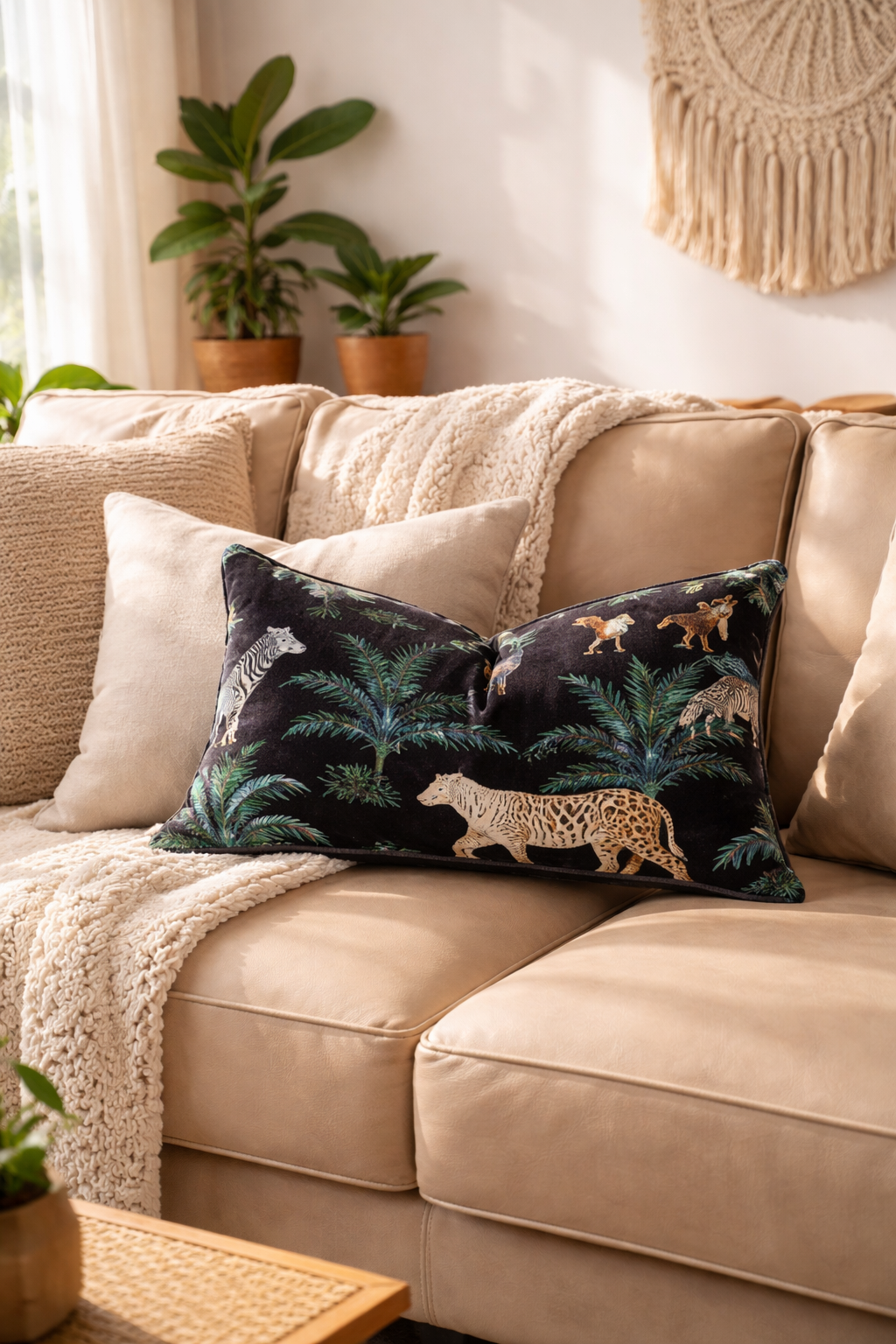 Black jungle animal velvet lumbar cushion cover with palm fronds and leopard motif styled with neutral cushions