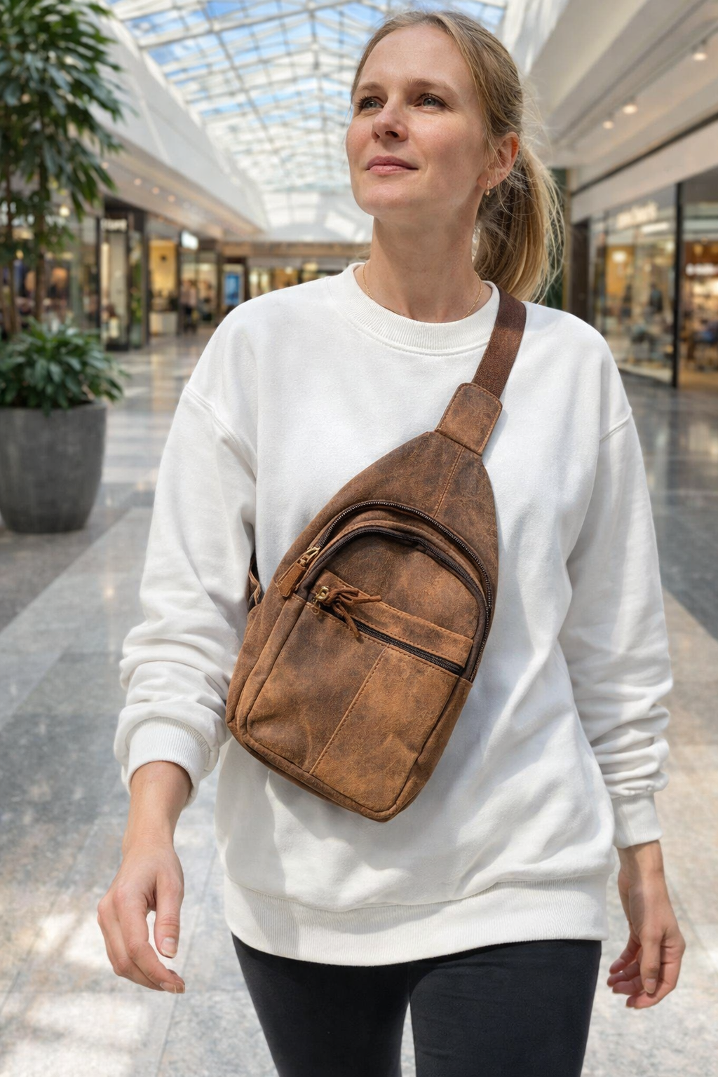 Brown everyday leather chest bag in vintage crossbody style