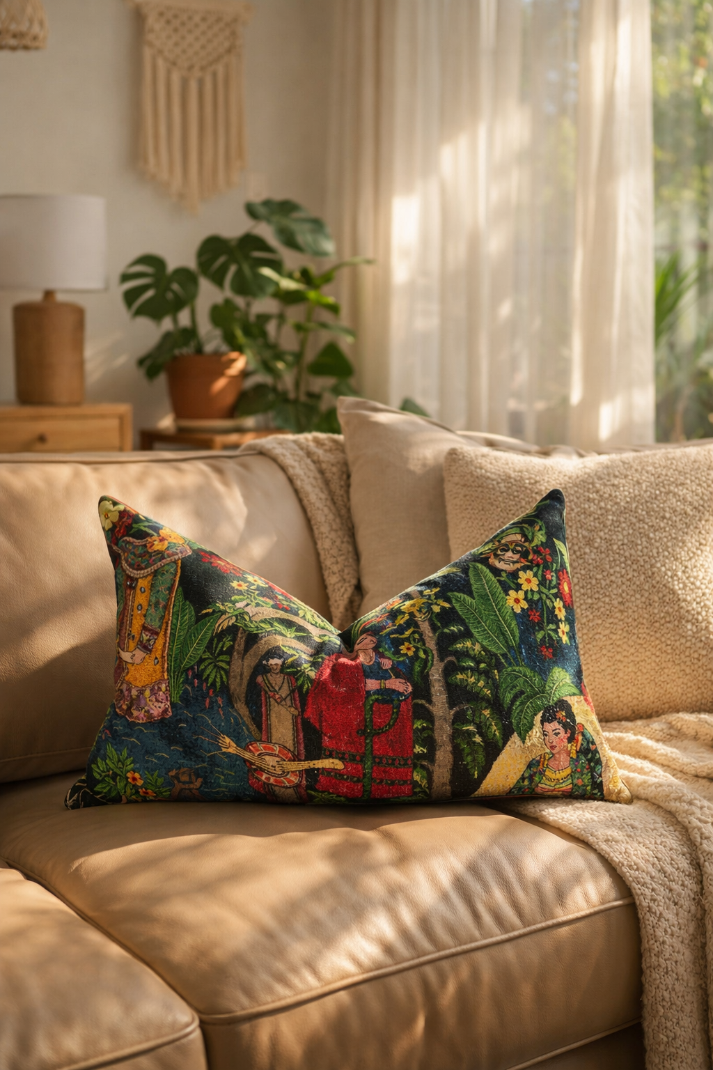 Velvet lumbar cushion cover with tropical botanical artwork and portrait details on tan sofa in bright living room