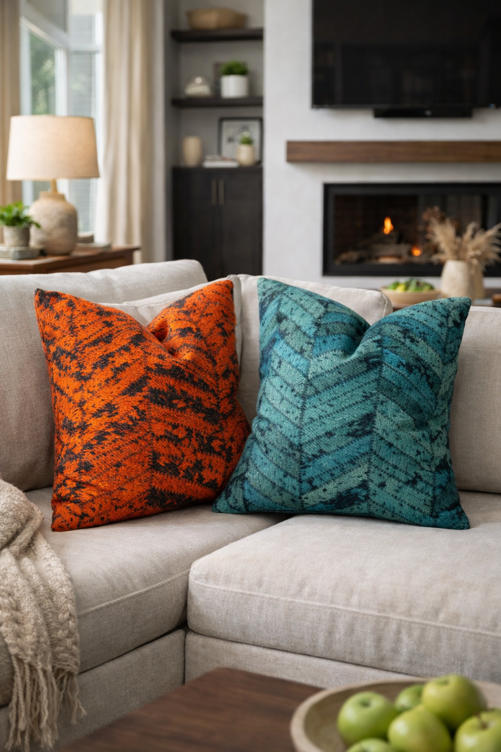 Premium cowhide leather chevron cushion covers teal and rust orange set of two