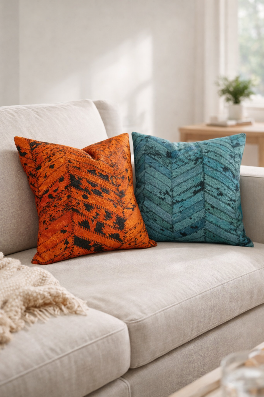 Set of 2 cowhide cushion covers 40x40cm in teal and rust orange chevron design on sofa