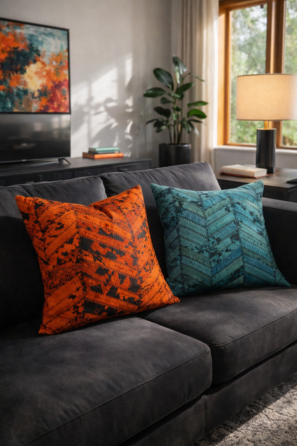 Modern teal and rust orange cowhide cushion covers 40x40cm chevron home decor