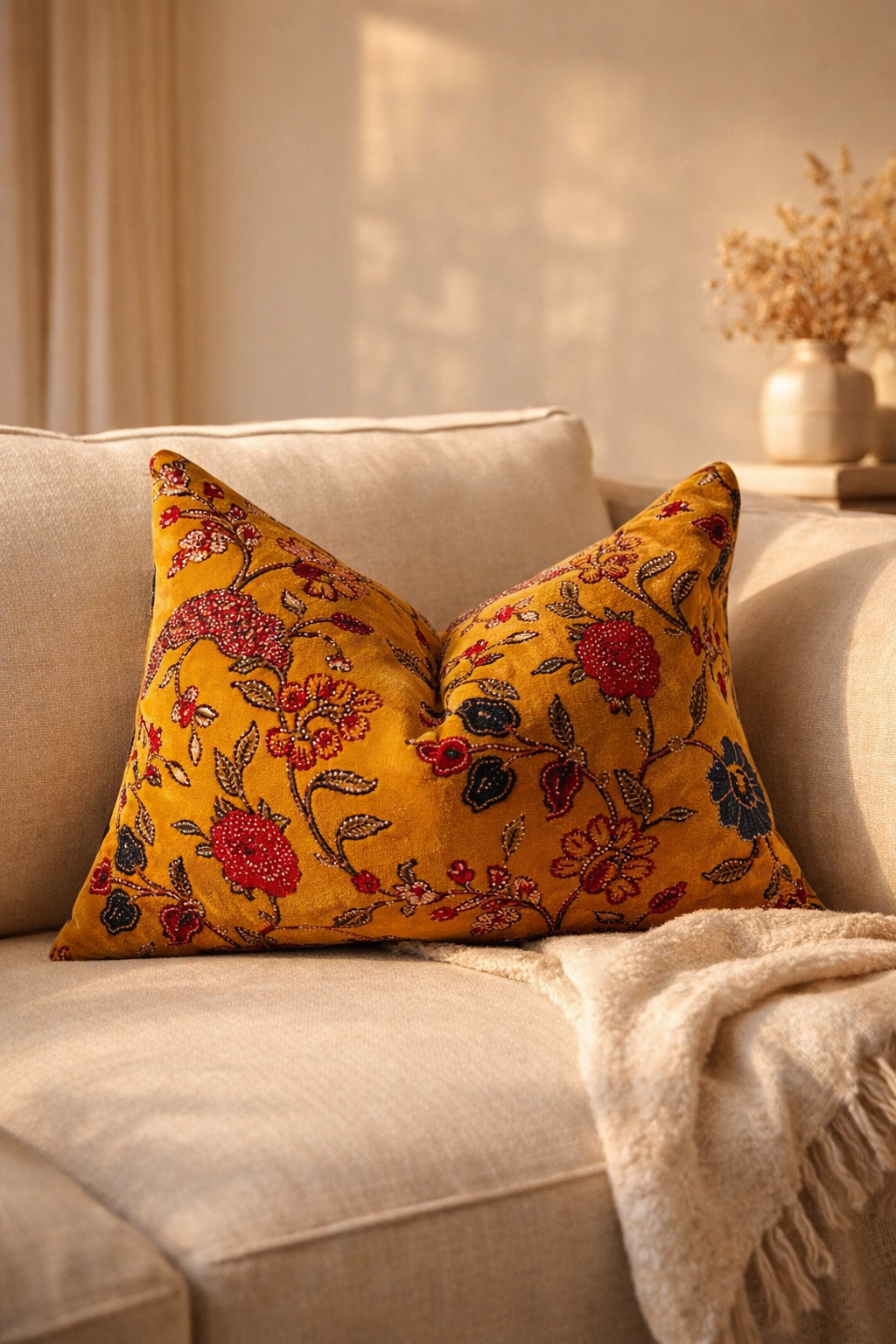 mustard floral velvet cushion on beige sofa with warm sunlight