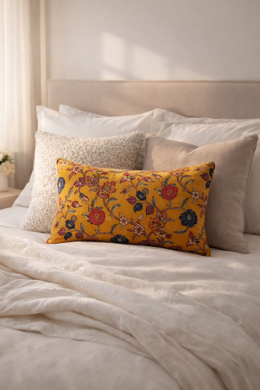 mustard lumbar cushion styled on bed with neutral pillows