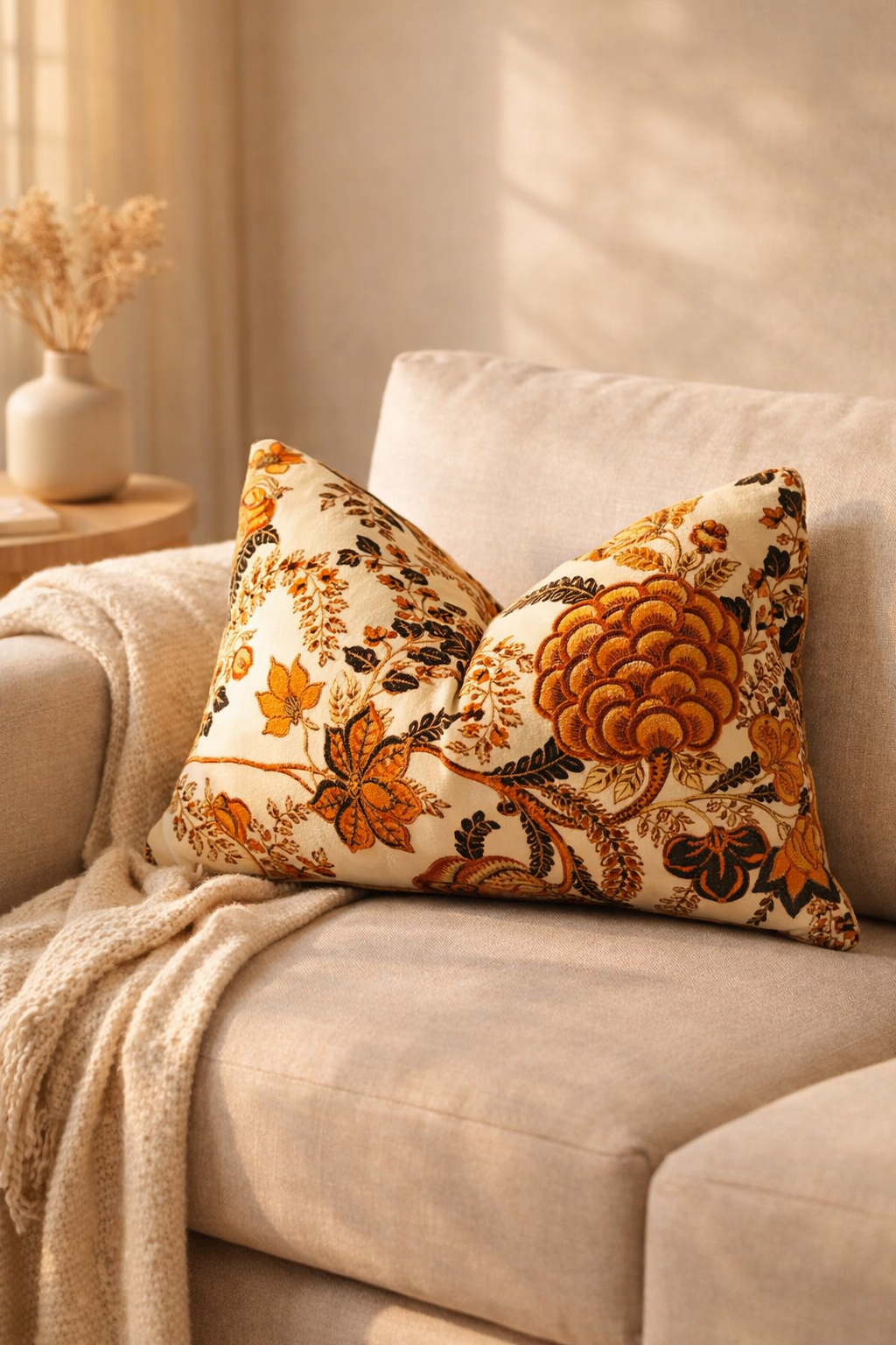 Decorative pillows with floral patterns on a beige sofa in a cozy living room.
Beige lumbar pillow cover styled with bedroom cushion decor
Boho cushion cover beige floral velvet living room styling