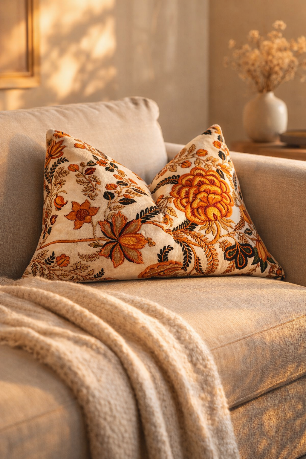 warm neutral home decor cushion
Designer cushion cover Australia beige floral lumbar cushion
Decorative pillow beige velvet cushion with vintage floral design
Floral velvet cushion cover on sofa with neutral styling