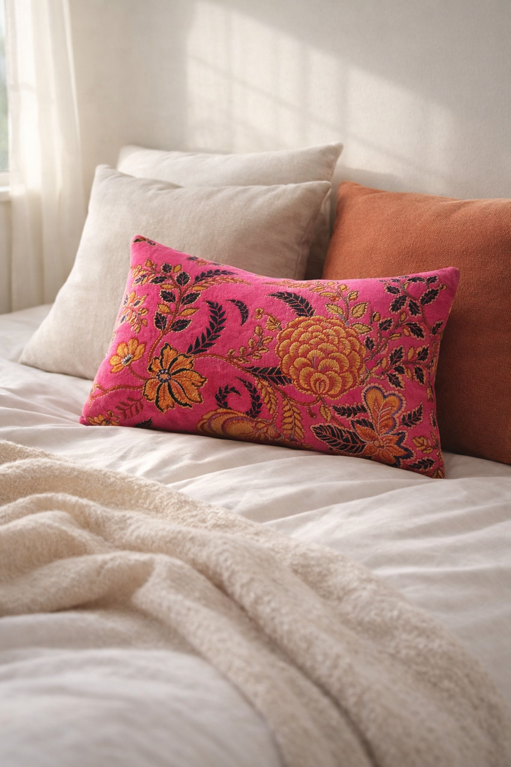 luxury velvet cushion cover pink with vintage floral design