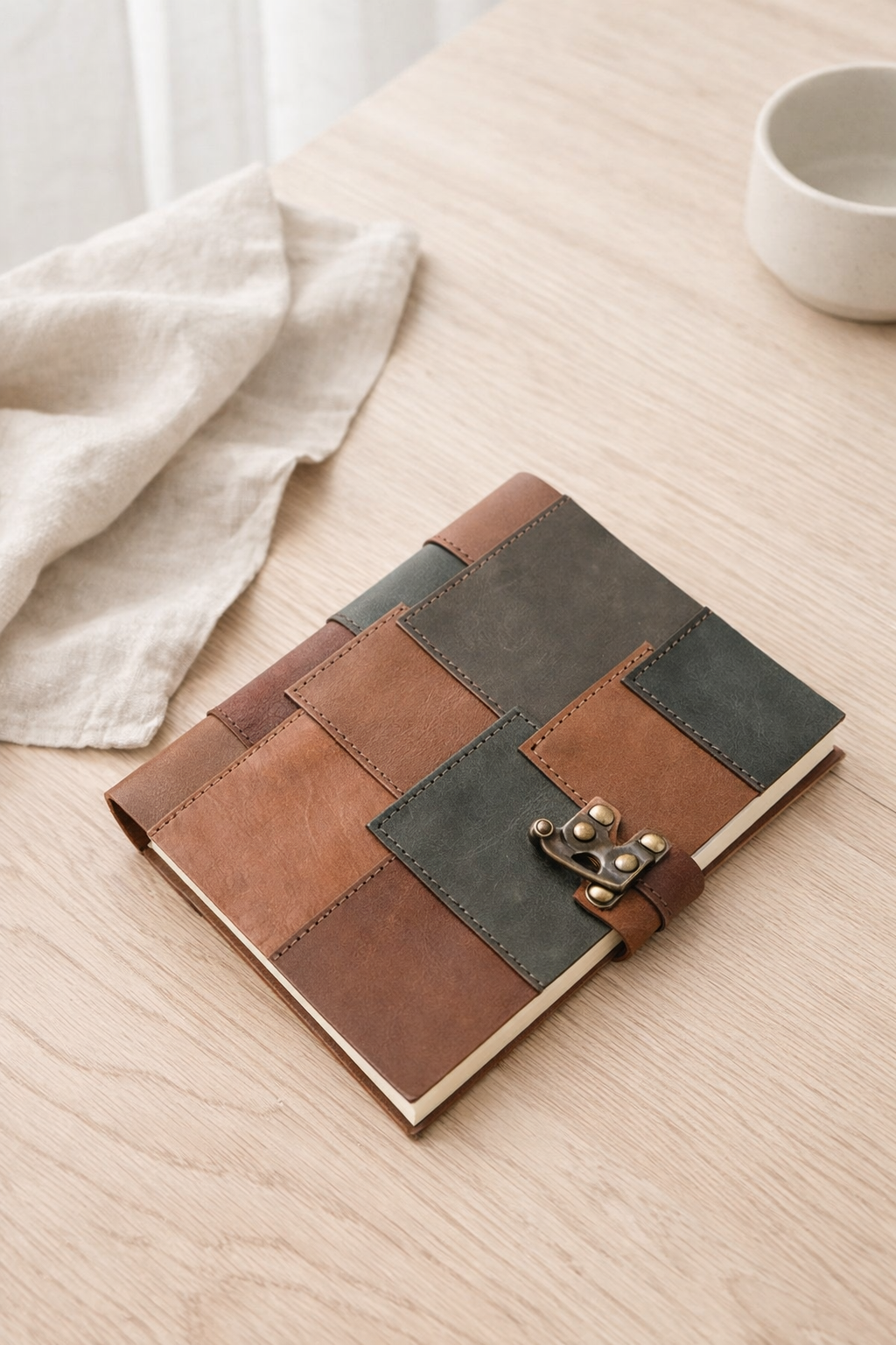 Artisan leather patchwork journal with vintage lock, stylish travel notebook for daily use and gifting