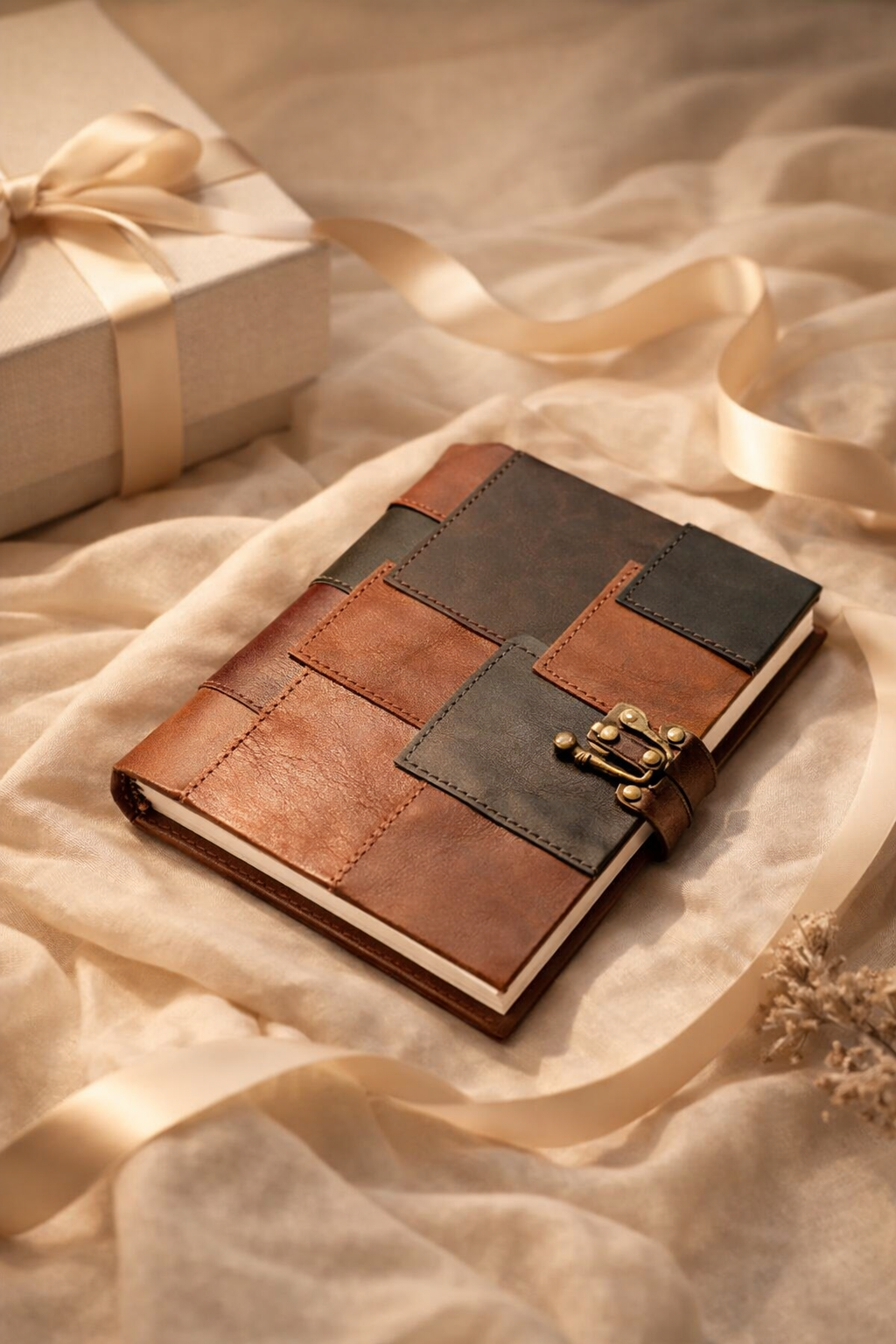 Vintage leather journal with patchwork design and clasp closure, handmade travel diary notebook