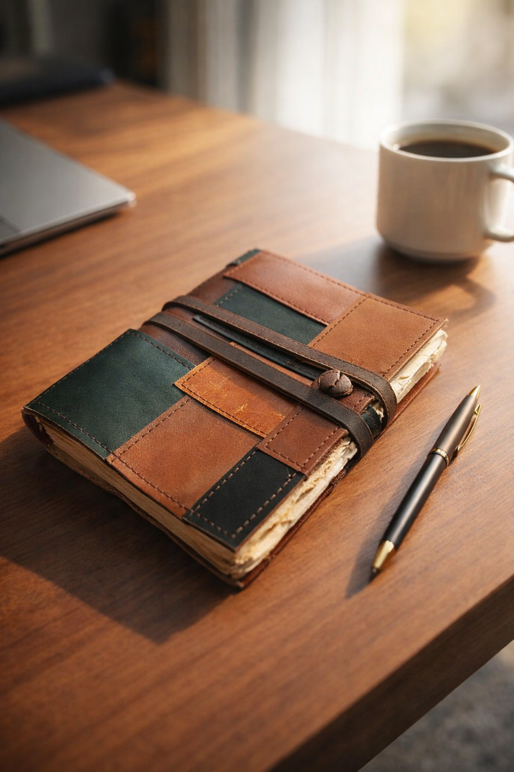 Handmade leather patchwork journal with wrap closure and deckle edge pages, vintage travel notebook