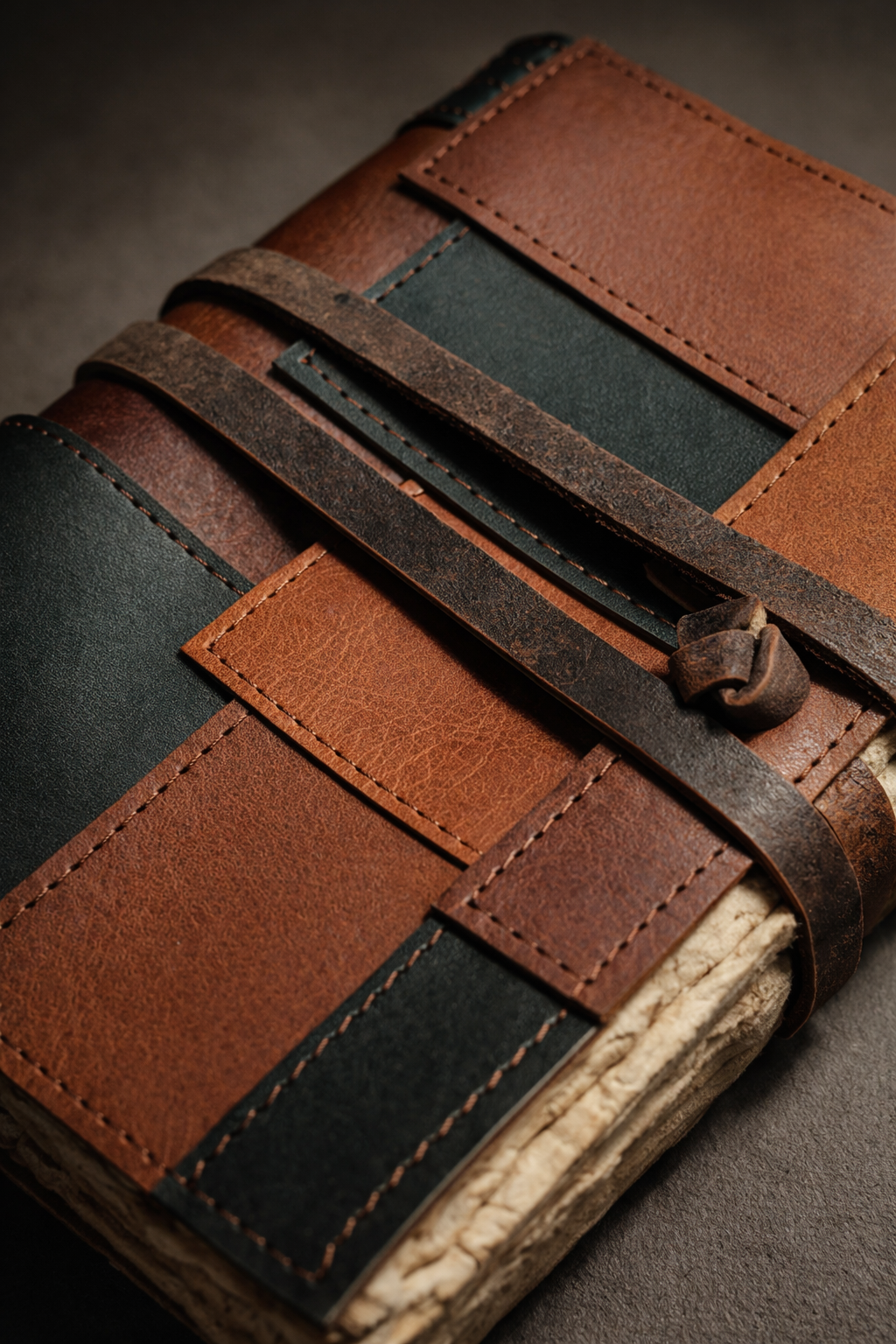 Leather patchwork notebook with wrap tie closure, handcrafted journal with deckle edge paper