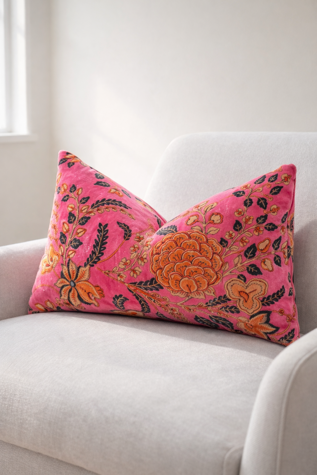 boho pink cushion layered with neutral cushions