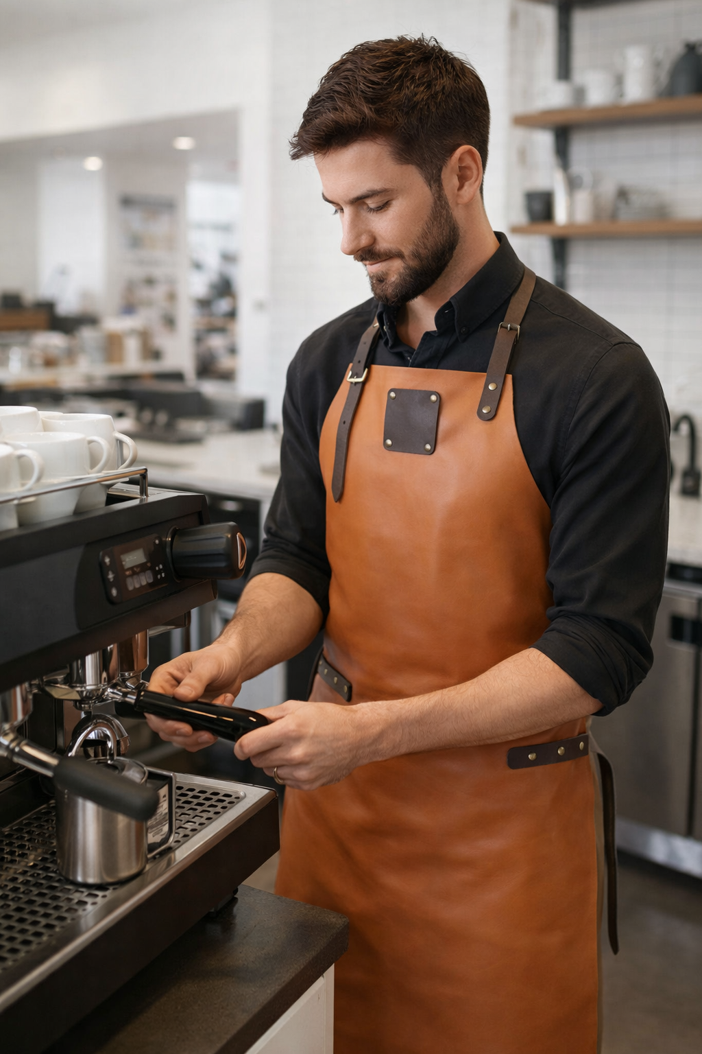 Full length cognac tan leather apron with durable professional finish