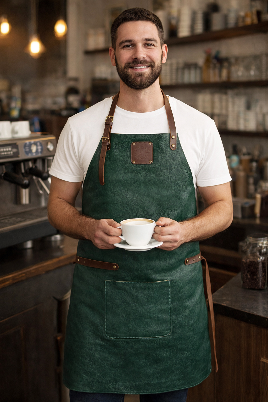 Full length forest green leather work apron with durable finish