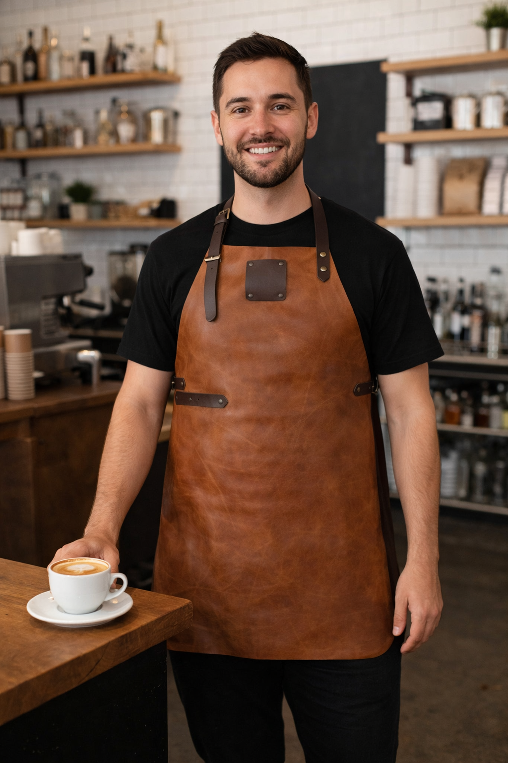 Full length vintage saddle brown leather work apron with durable finish