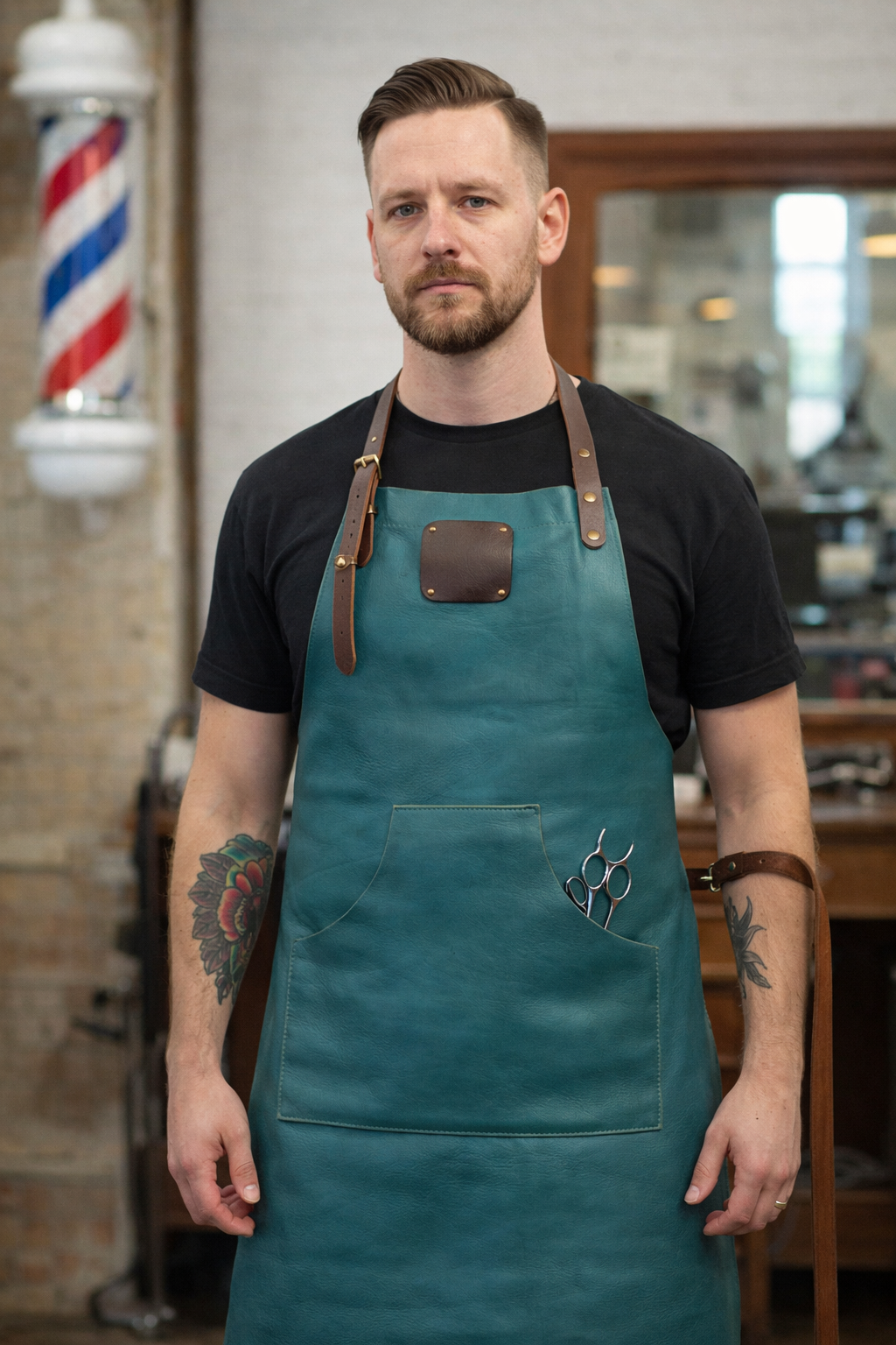 Full length ocean teal leather work apron with durable finish