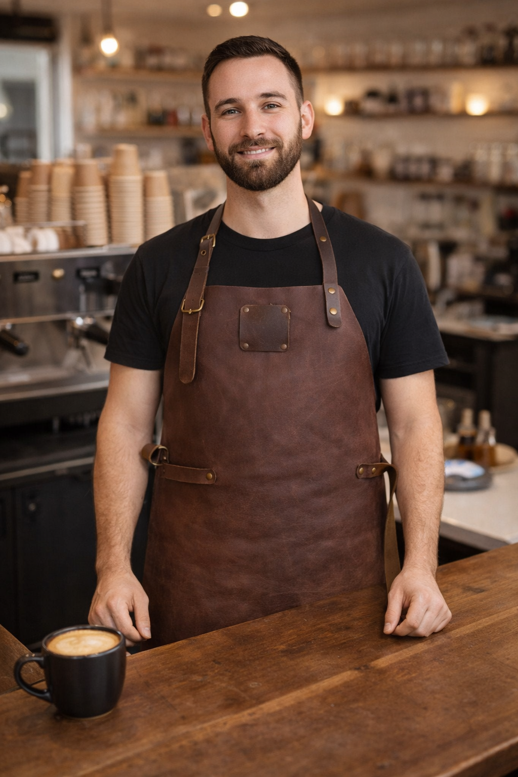 Premium espresso brown leather apron for chefs and craftsmen