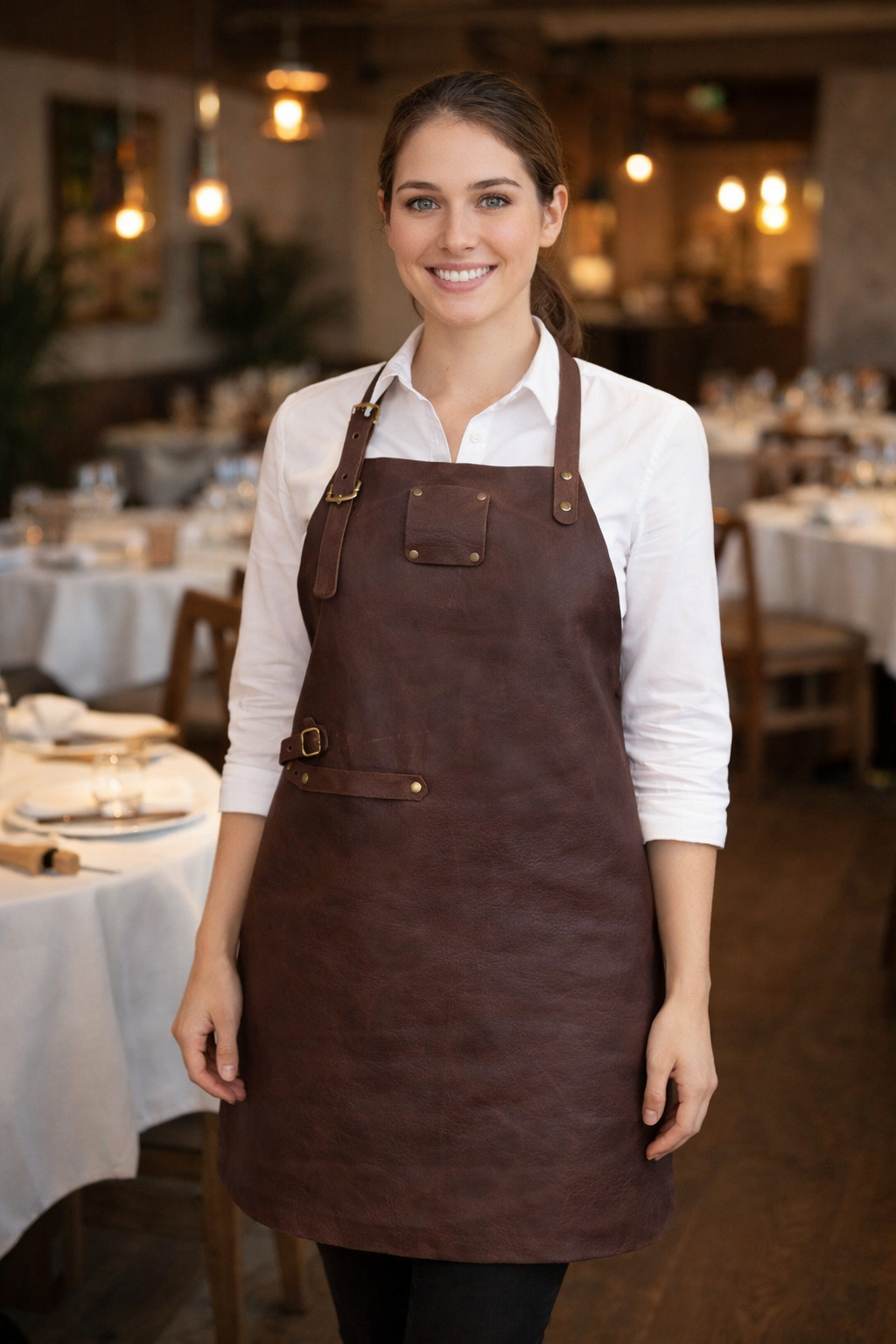 Espresso brown leather apron signature premium work apron 80x60 cm