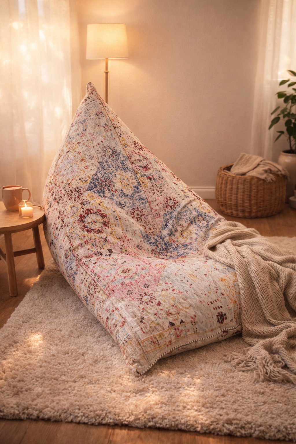 boho lounge floor seating by Linen Connections
soft textured bean bag chair with woven detailing