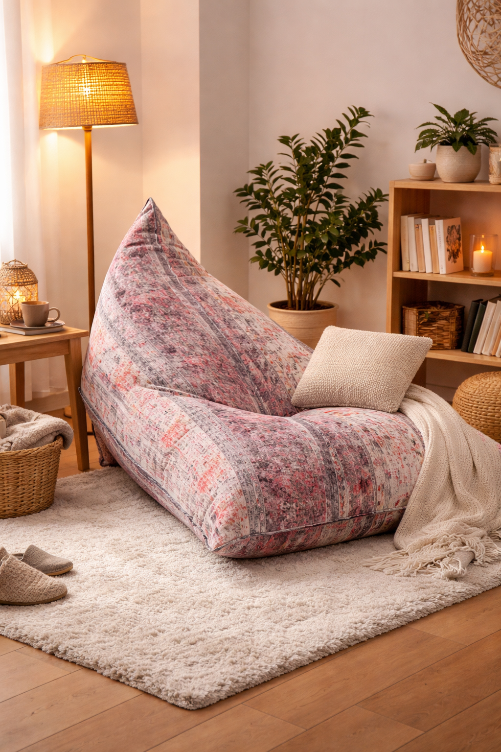Floral patterned bean bag chair in a cozy living room with a lamp, plants, and books.