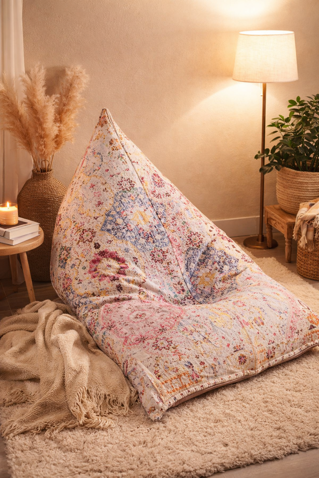 bohemian printed bean bag lounger in modern living room
premium boho floor cushion chair with vintage pattern