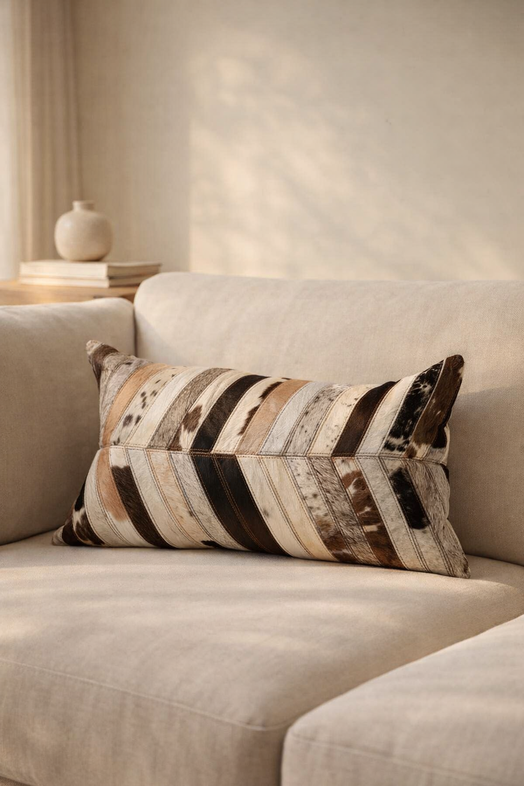 Neutral leather lumbar cushion styled in luxury interior