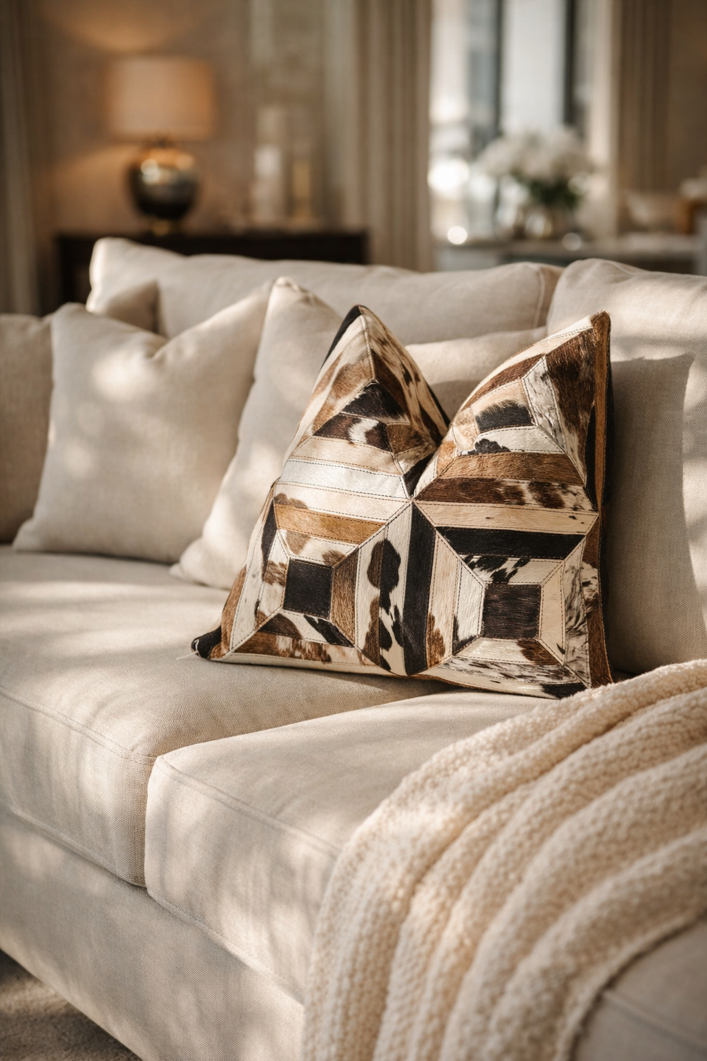 ustic boho cowhide throw pillow styled on armchair