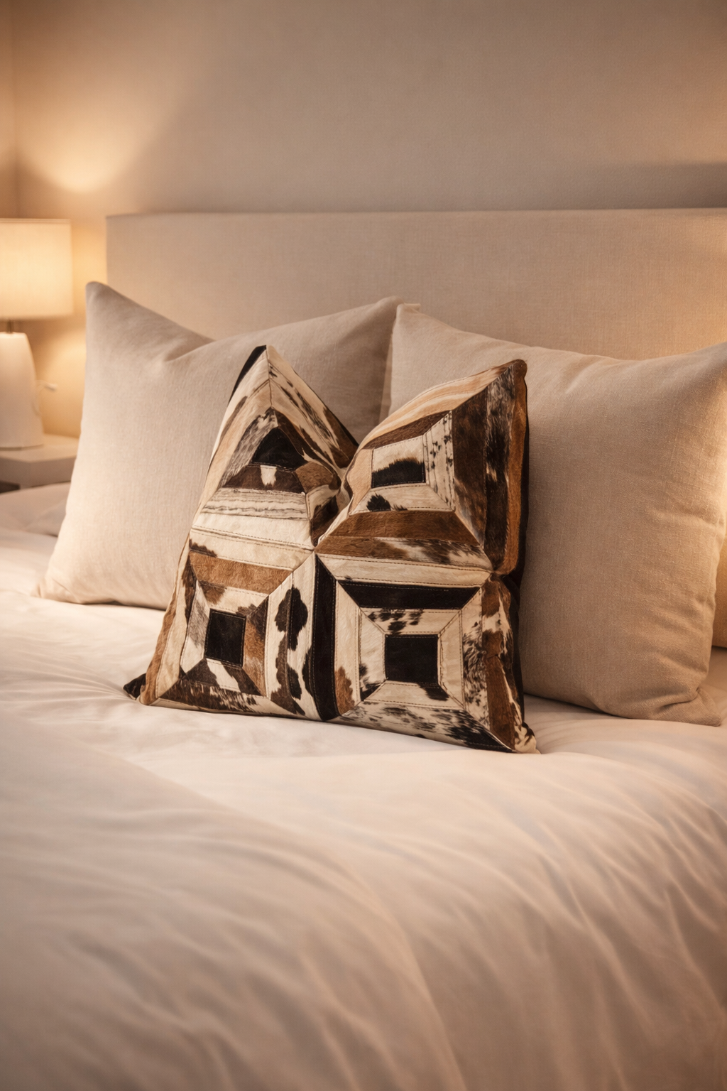 neutral cowhide accent pillow for luxury interiors