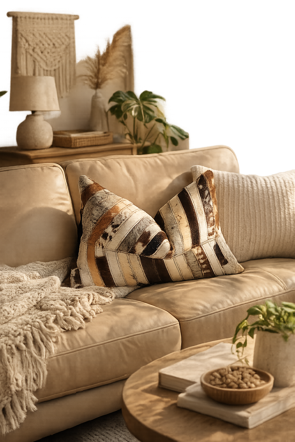 Luxury leather patchwork pillow in neutral boho living room