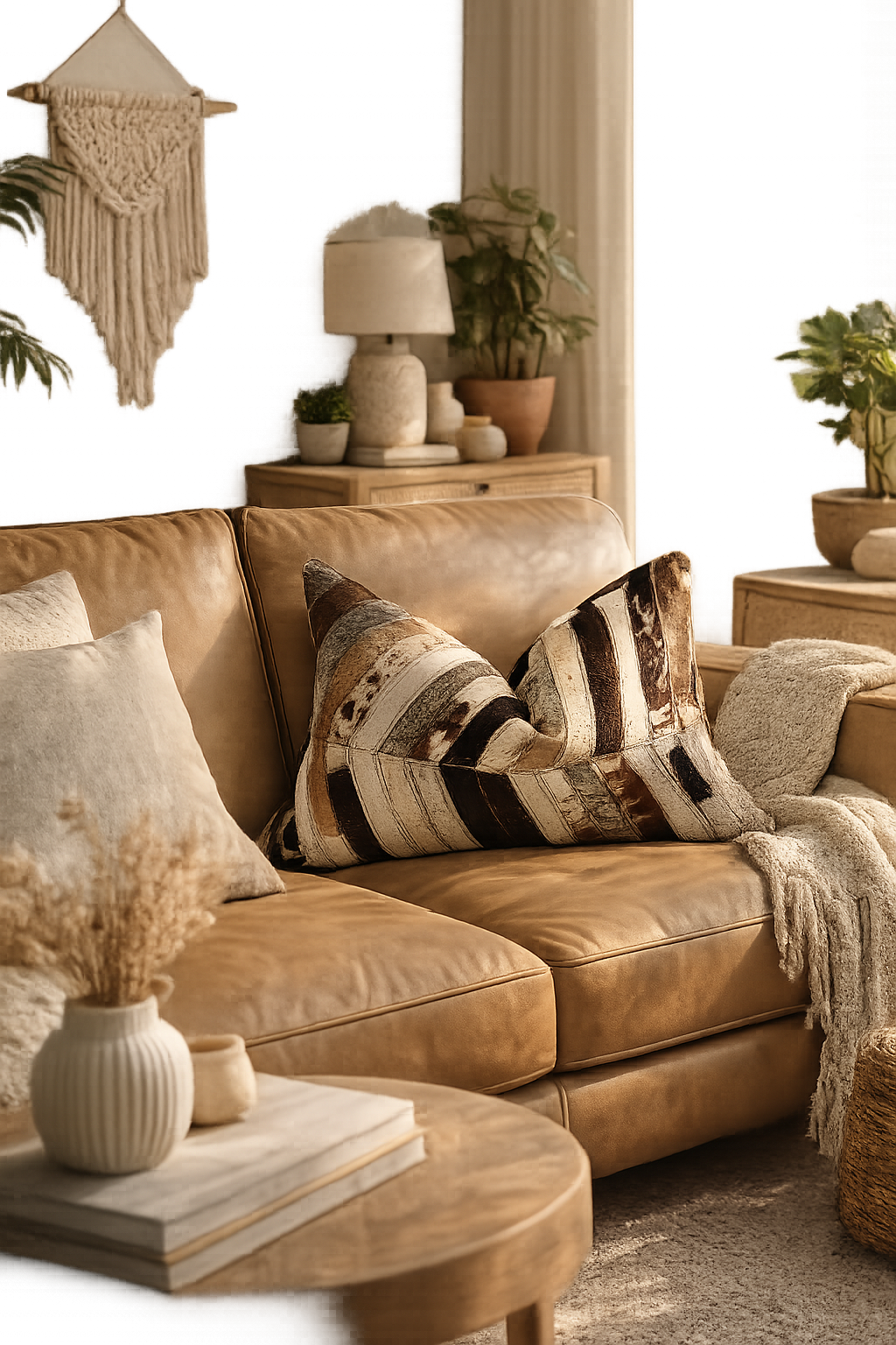 Rustic leather lumbar pillow with brown and cream cowhide panels