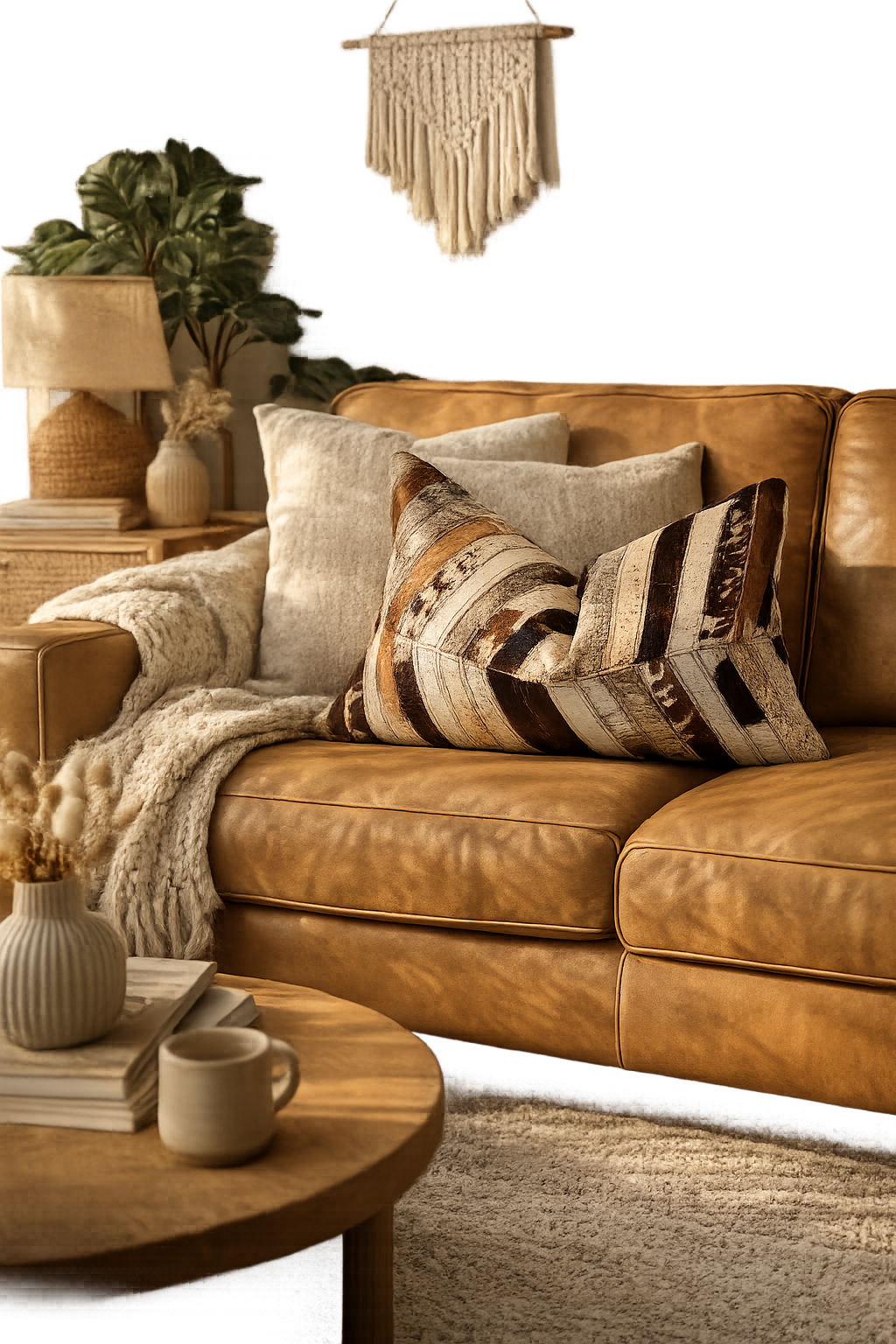 Bohemian cowhide statement cushion on tan leather couch