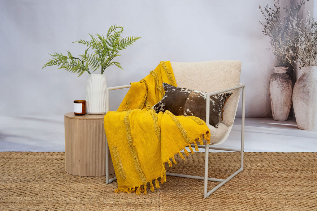 Golden Mustard Textured Cotton Throw – 125×175 cm | Handwoven Boho Blanket