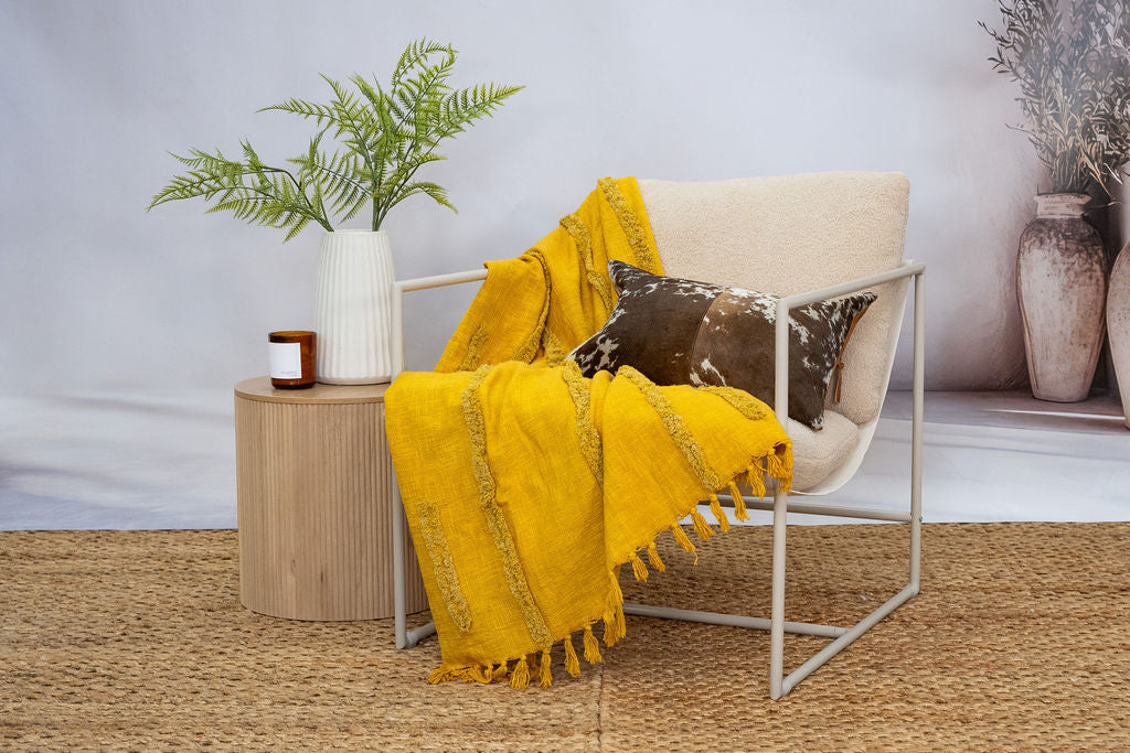 Golden Mustard Textured Cotton Throw – 125×175 cm | Handwoven Boho Blanket