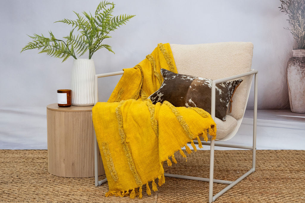 Golden Mustard Textured Cotton Throw – 125×175 cm | Handwoven Boho Blanket