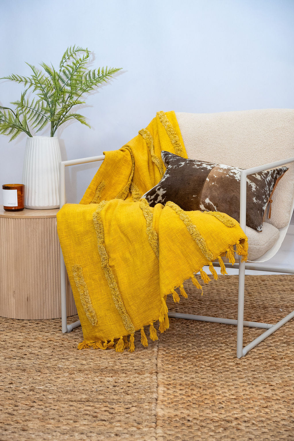 Golden Mustard Textured Cotton Throw – 125×175 cm | Handwoven Boho Blanket