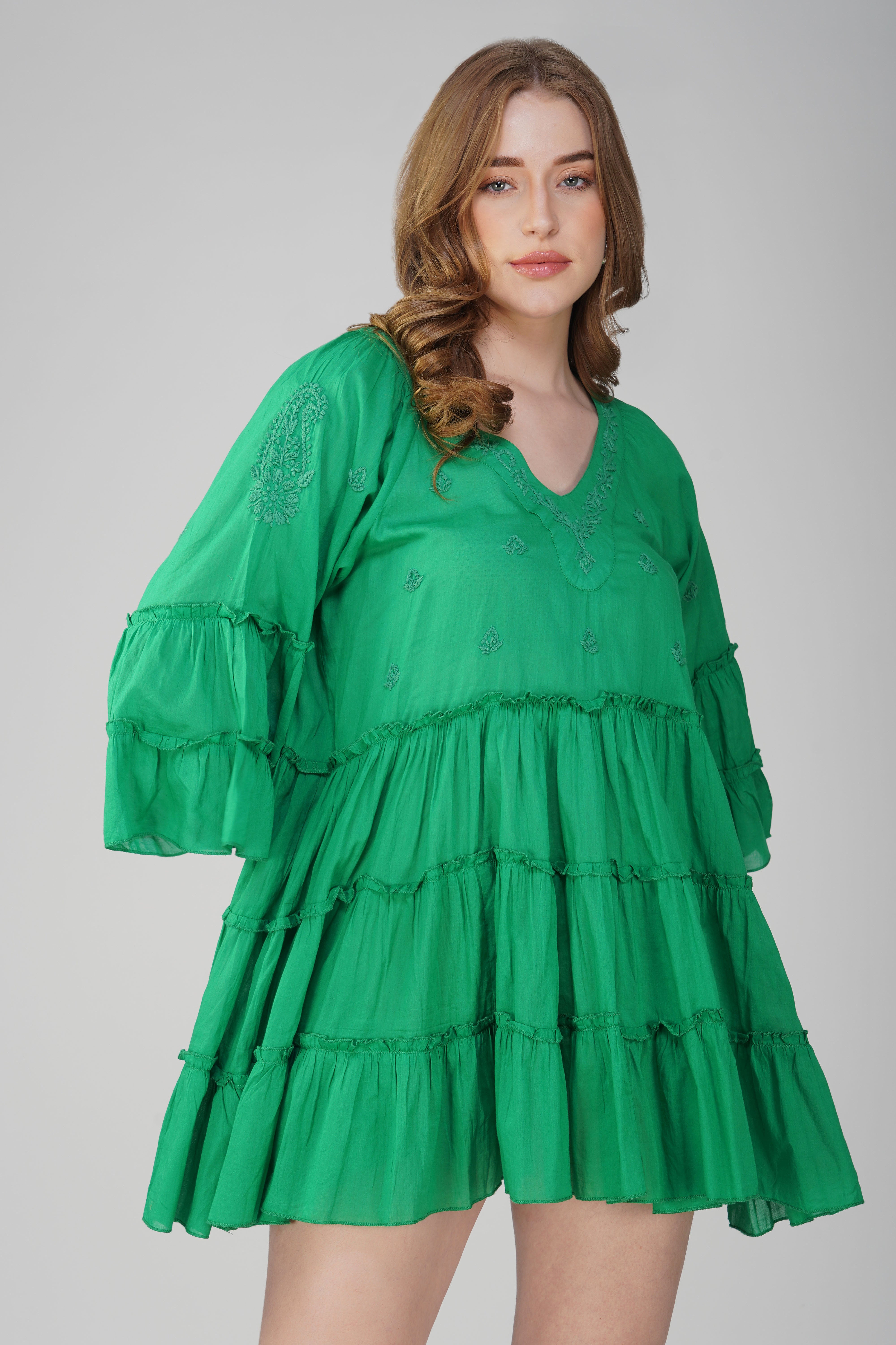 Tropical Twirl Cotton Mini Dress – Emerald Green Tiered Cotton Poplin