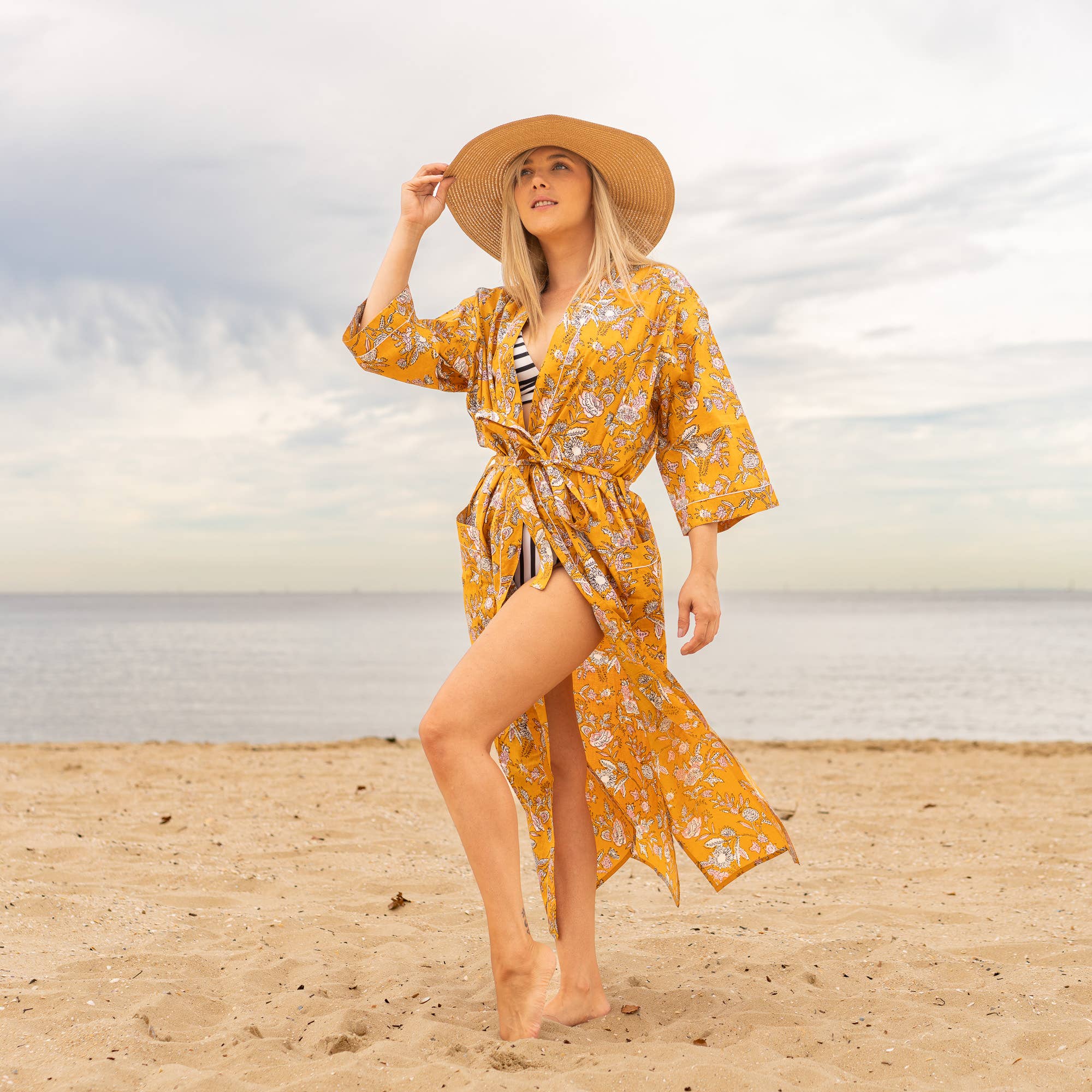 MUSTARD FLORAL' Women's Cotton Kimono Robe