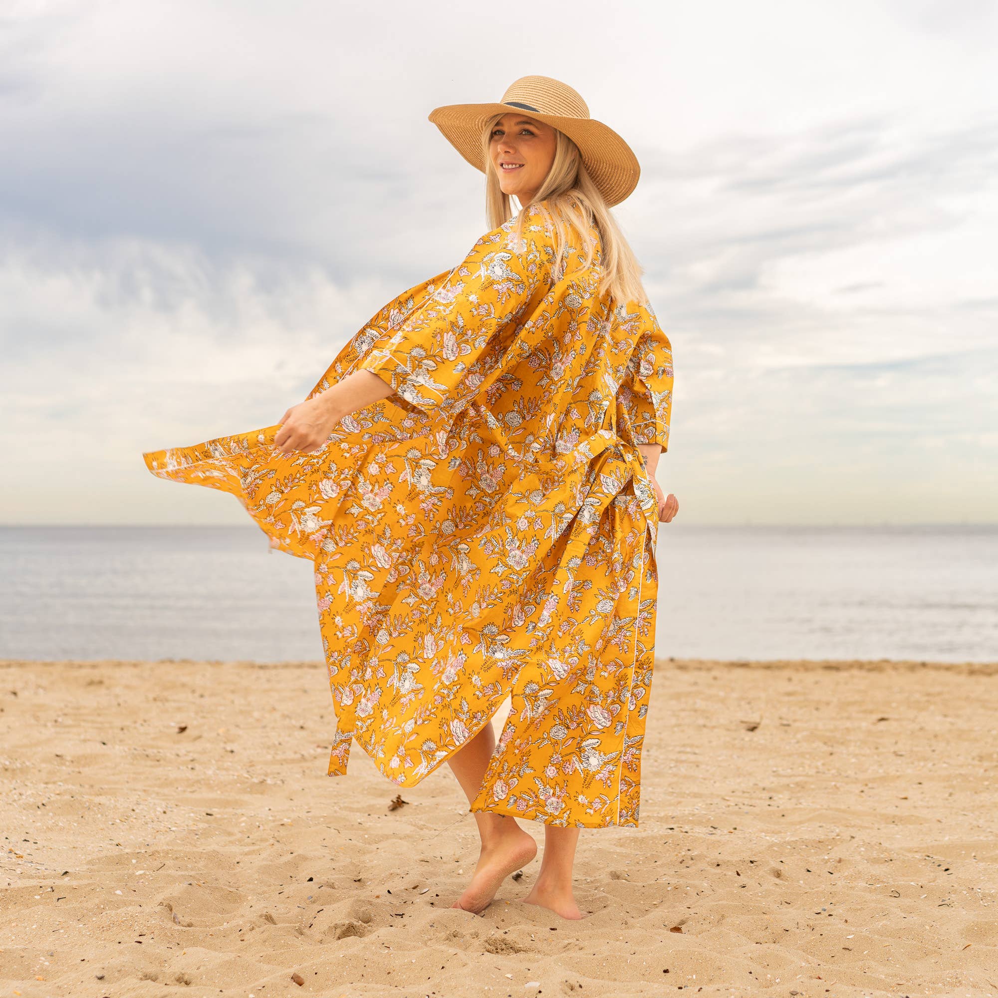MUSTARD FLORAL' Women's Cotton Kimono Robe