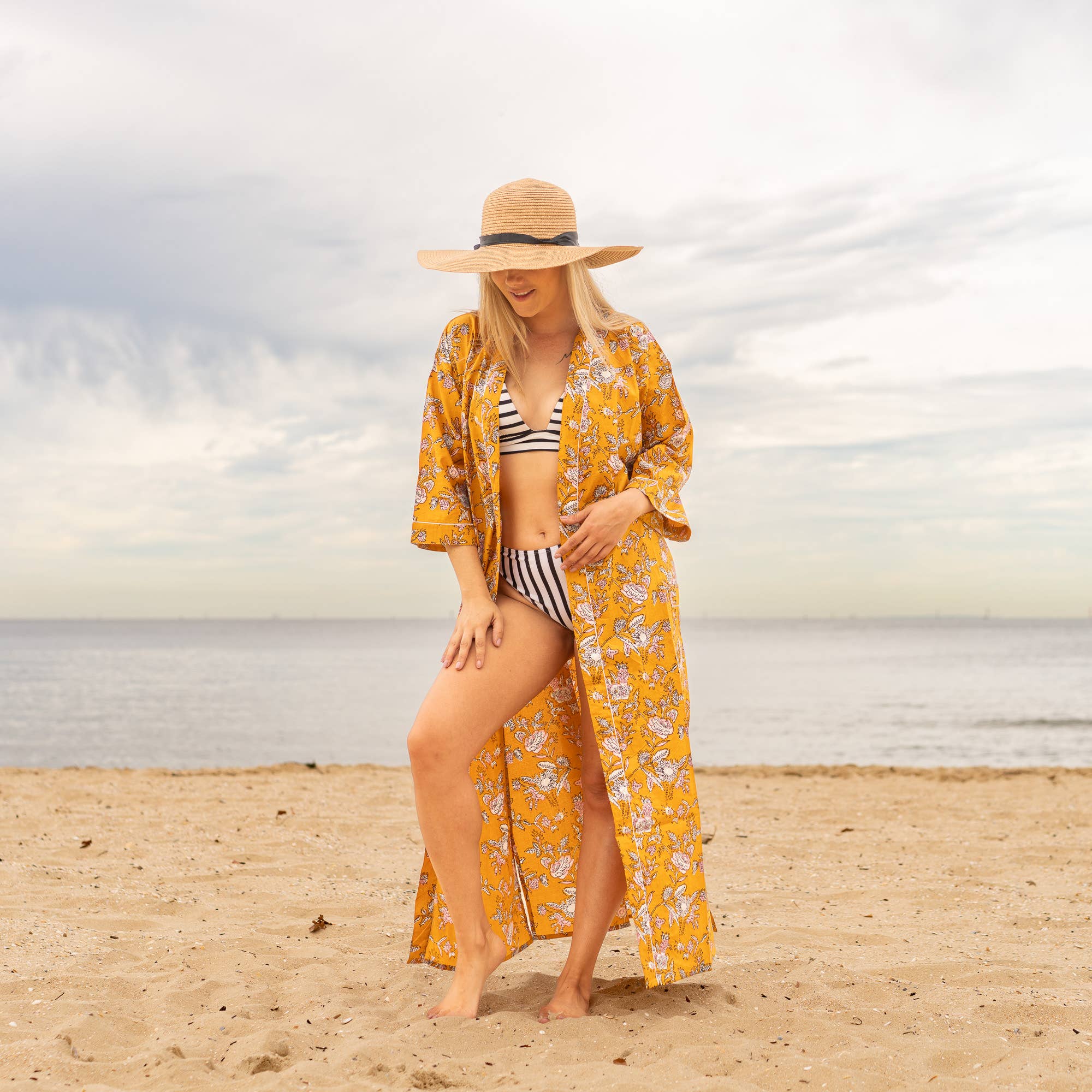 MUSTARD FLORAL' Women's Cotton Kimono Robe