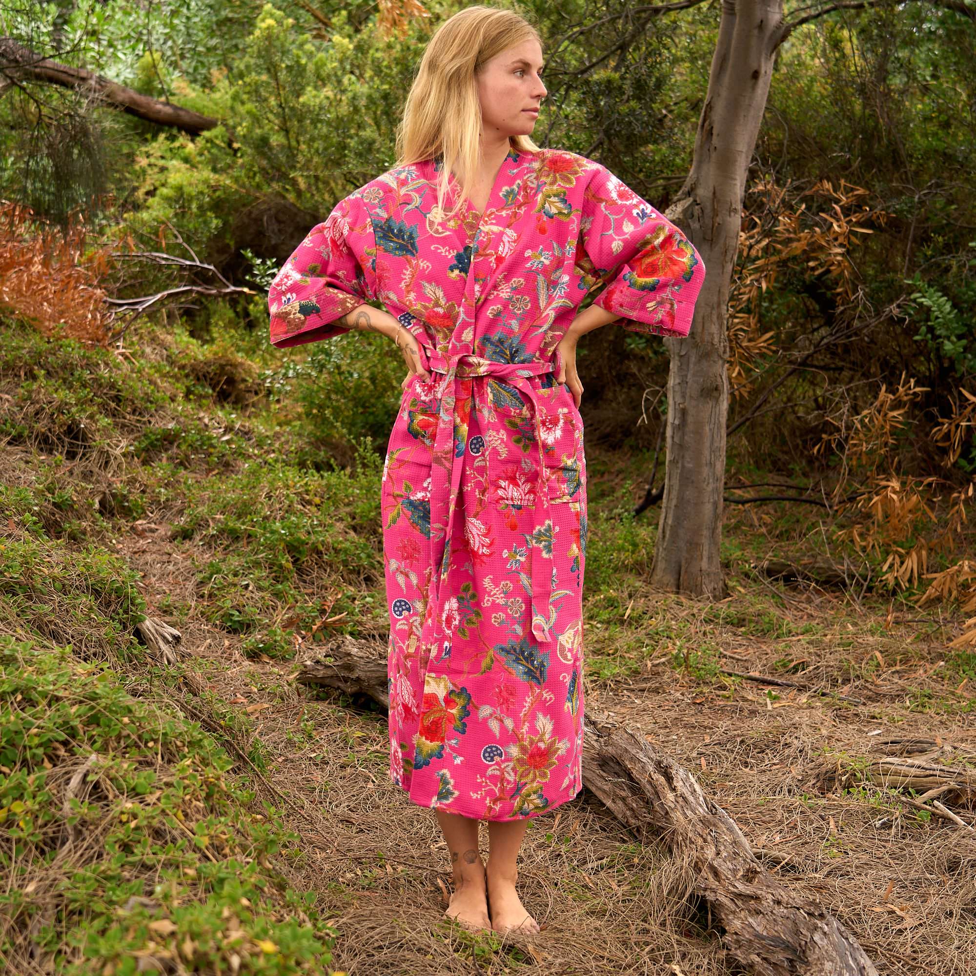 Bohemian Blossom Cotton Waffle Kimono Robe - Pink Floral