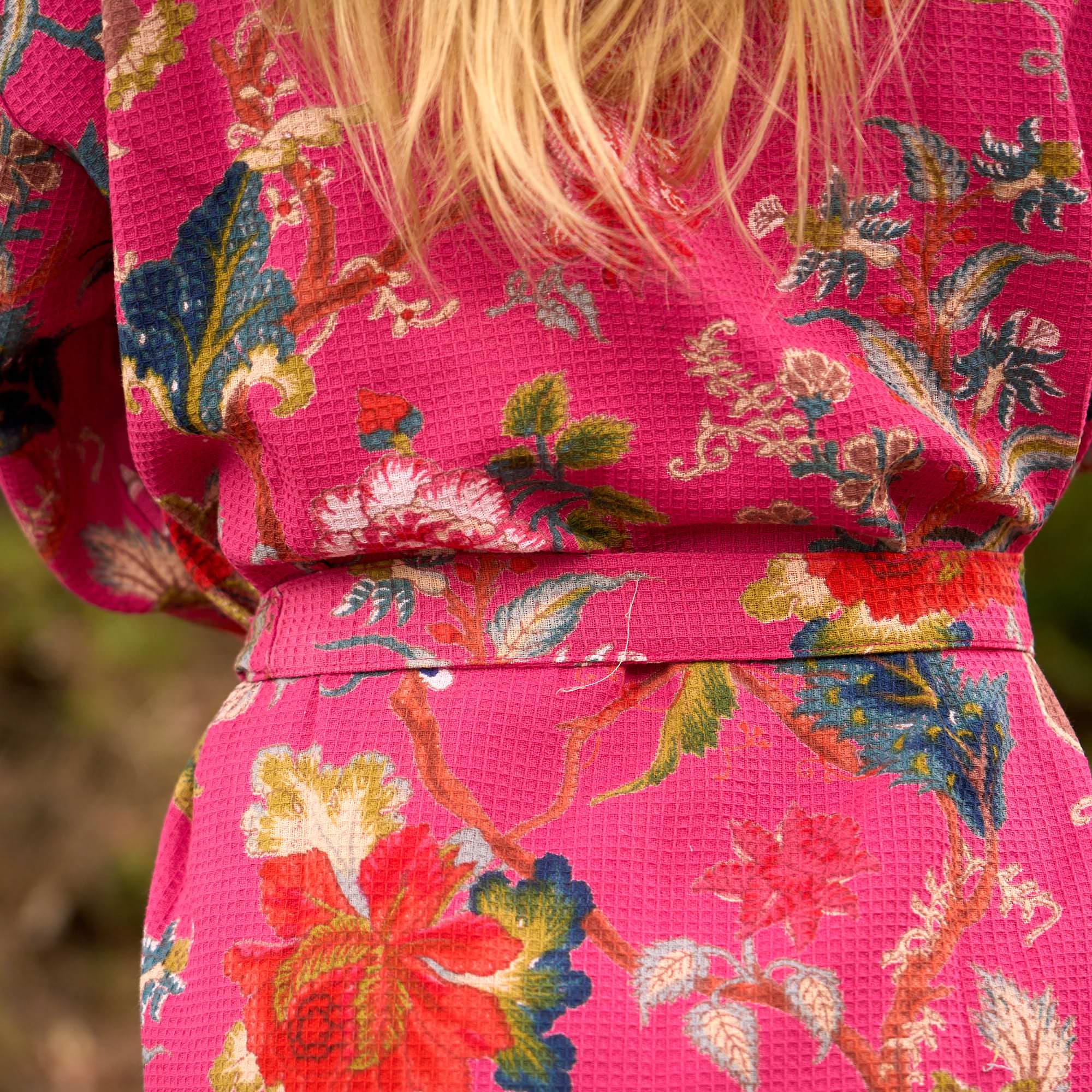 Bohemian Blossom Cotton Waffle Kimono Robe - Pink Floral