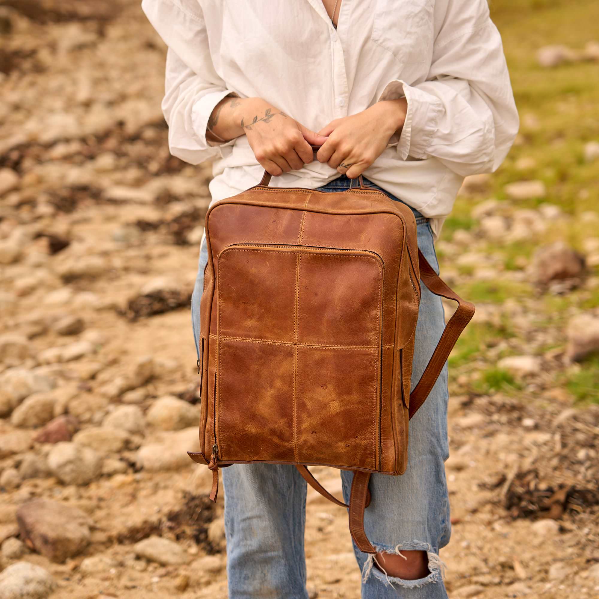 Luxe Tan Leather Backpack - Urban Journey