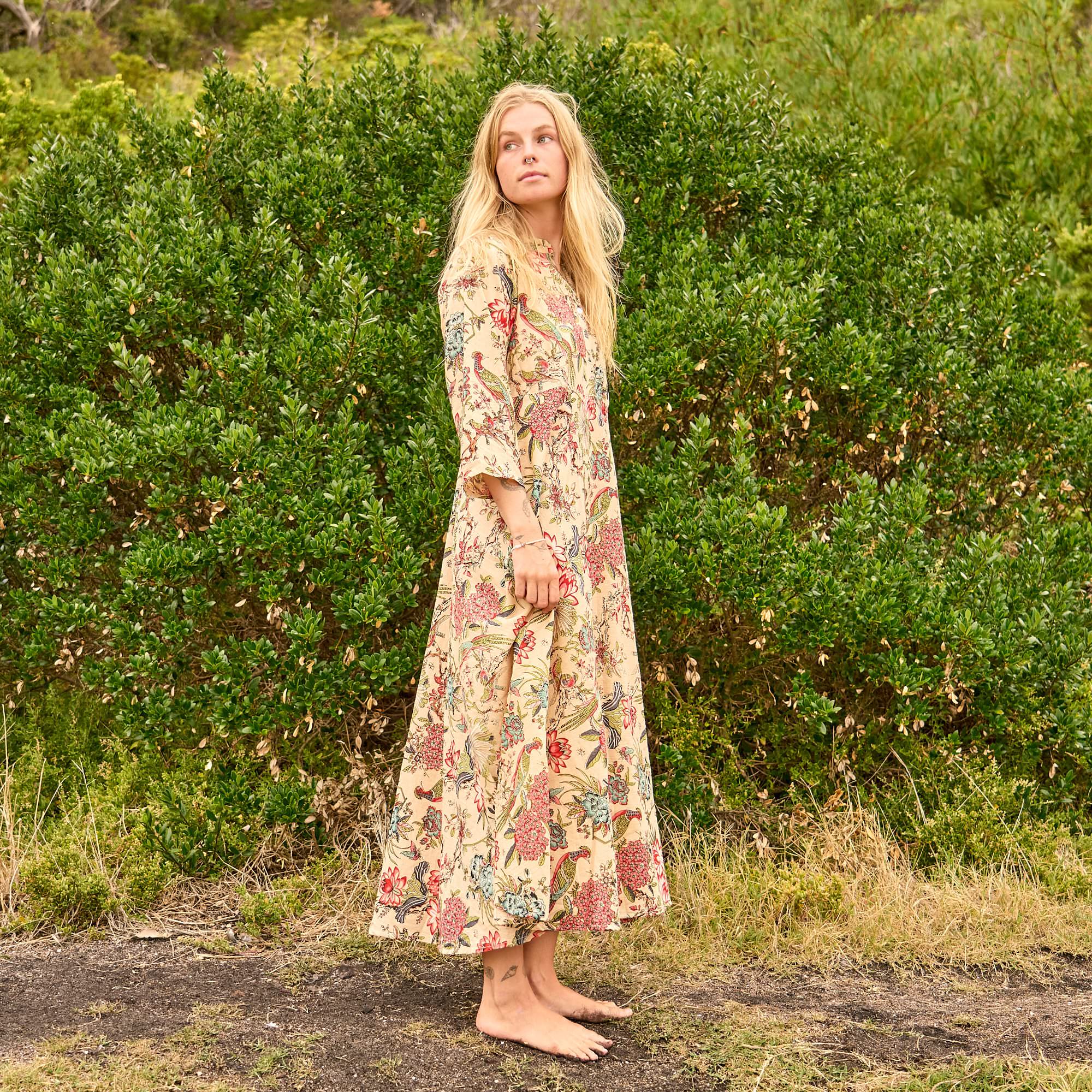 Beige Botanicals Cotton Maxi Dress